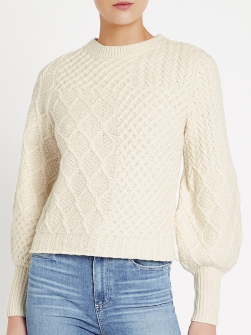 FRAME DENIM $425 • small / “ PTP • Wool Blend Patchwork Cable Crewneck Sweater